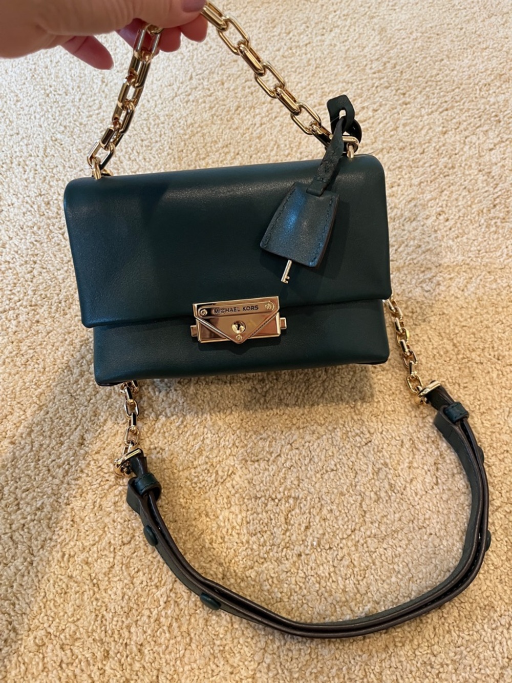 Michael Kors Forest Green Leather Chain-Trim Crossbody